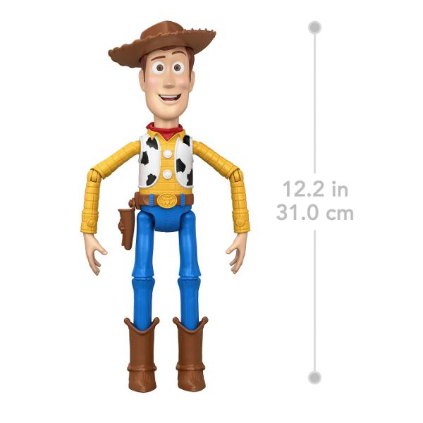 Figurina Woody din Toy Story 5 este inspirata de indragitul personaj Disney Pixar si reda tinuta sa clasica de cowboy cu palarie maro camasa galbena vesta alb-negru esarfa rosie si cizme Figurina are aproximativ 30 cm inaltime este articulata si include functii interactive Prin tragerea snurului din spate Woody activeaza sunete si replici iar mecanismul de miscare adauga un plus de dinamism in timpul jocului Copiii pot recrea scene inspirate din Toy Story 5 si pot inventa propriile 